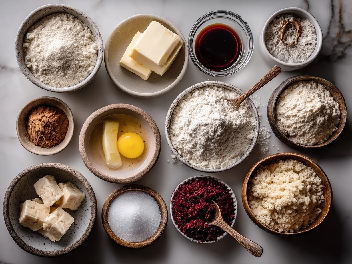 Ingredients for Red Velvet Bear Cookies including flour, cocoa powder, butter, cream cheese, and more