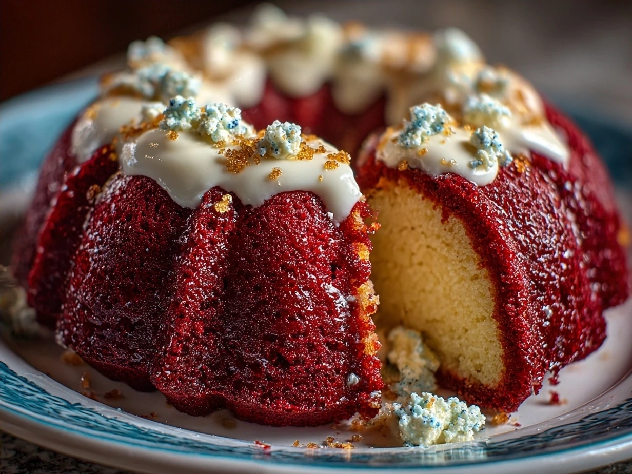 Sliced Red Velvet Cream Cheese Bundt Cake on a serving plate ready to enjoy