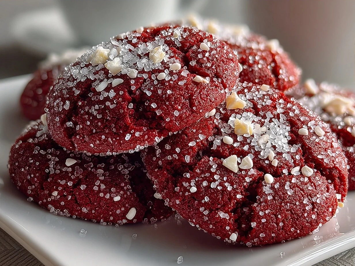 Finished Red Velvet Sugar Cookies on a plate with frosting and sprinkles