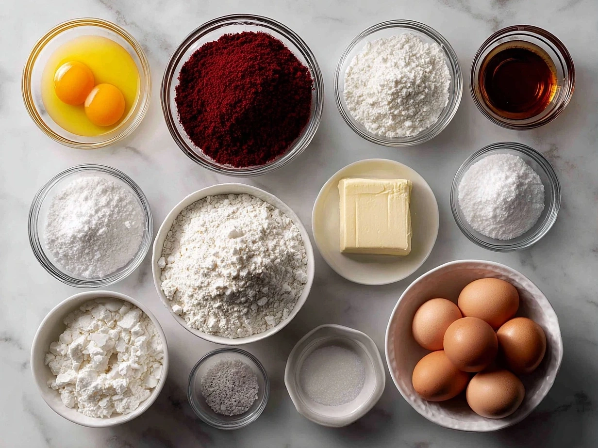 Ingredients for Red Velvet Sugar Cookies including flour, sugar, butter, eggs, cocoa powder, and red food coloring