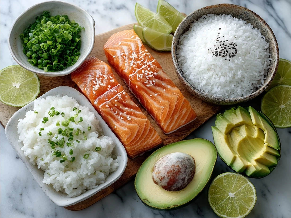 Ingredients for Rice Sushi with Smoked Salmon Avocado neatly arranged