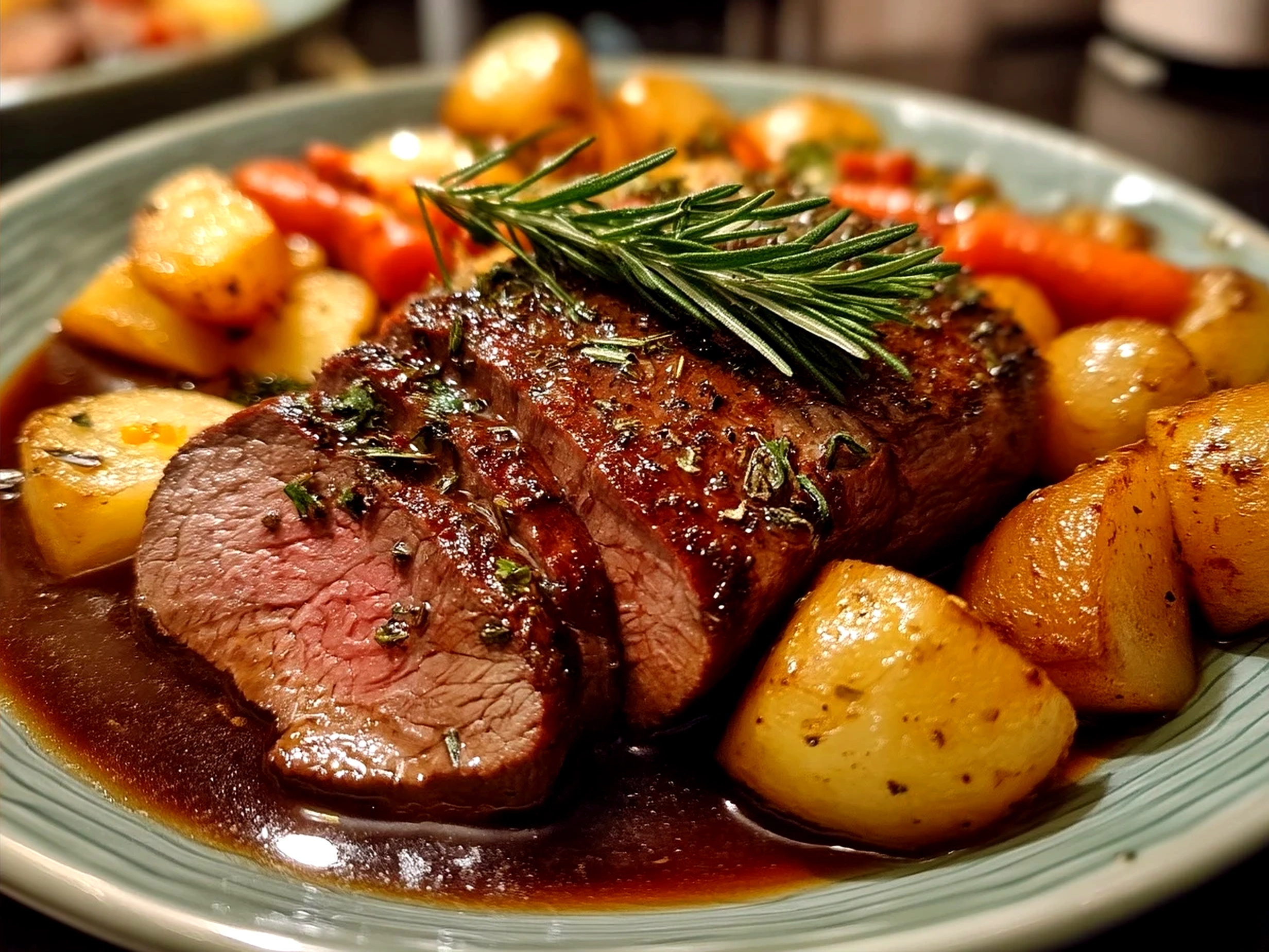 Sliced roast beef in the oven served on a plate with sides of vegetables and gravy