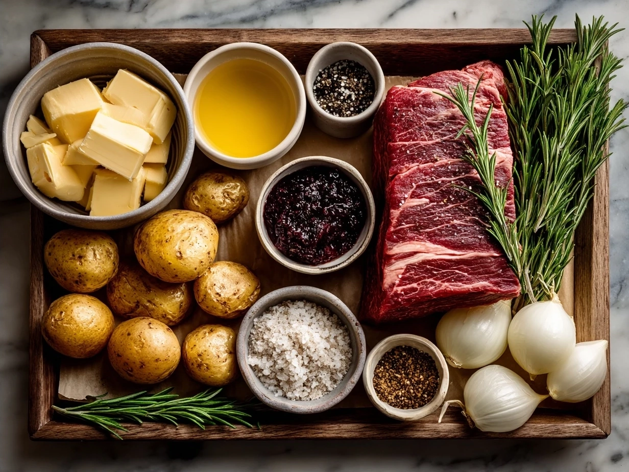 Ingredients for roast beef in the oven laid out on a wooden surface including garlic, herbs, beef roast, and broth