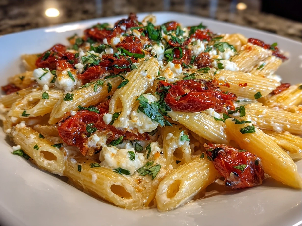 Final plated Roasted Tomato Ricotta Pasta garnished with fresh basil leaves