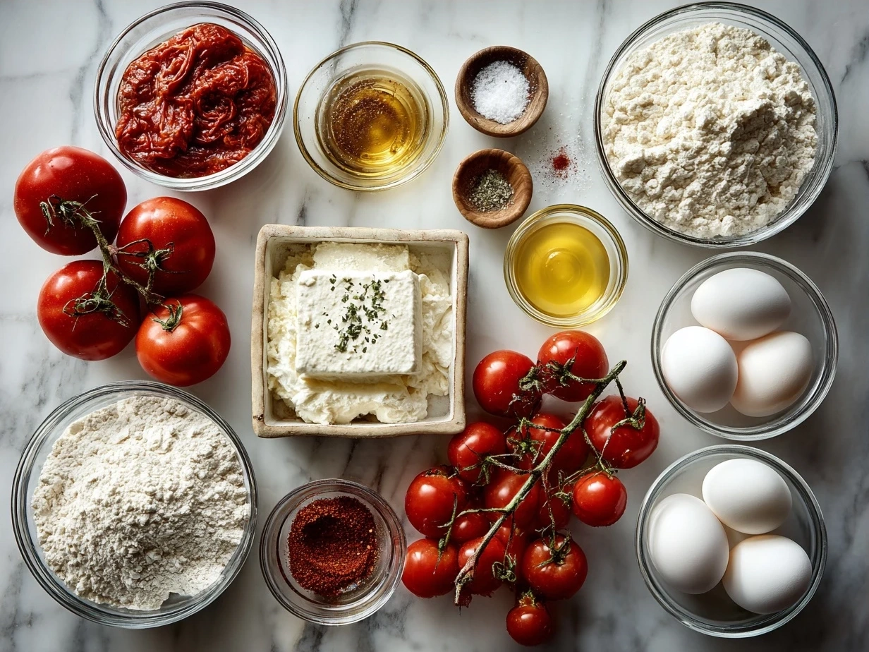 Ingredients for Roasted Tomato Ricotta Pasta laid out on a kitchen counter including ripe Roma tomatoes, garlic, olive oil, dried oregano, pasta, ricotta cheese, and fresh basil leaves
