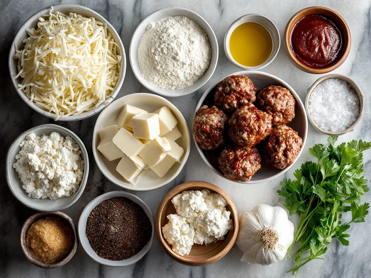 Ingredients for Rotel cream cheese sausage balls including sausage, cream cheese, Rotel tomatoes, cheddar cheese, and spices