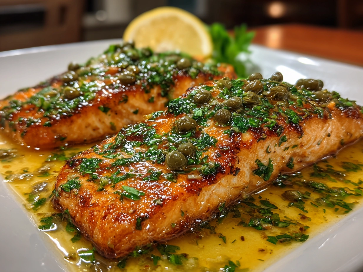 Finished delicious Salmon Piccata plated with lemon slices and parsley garnish