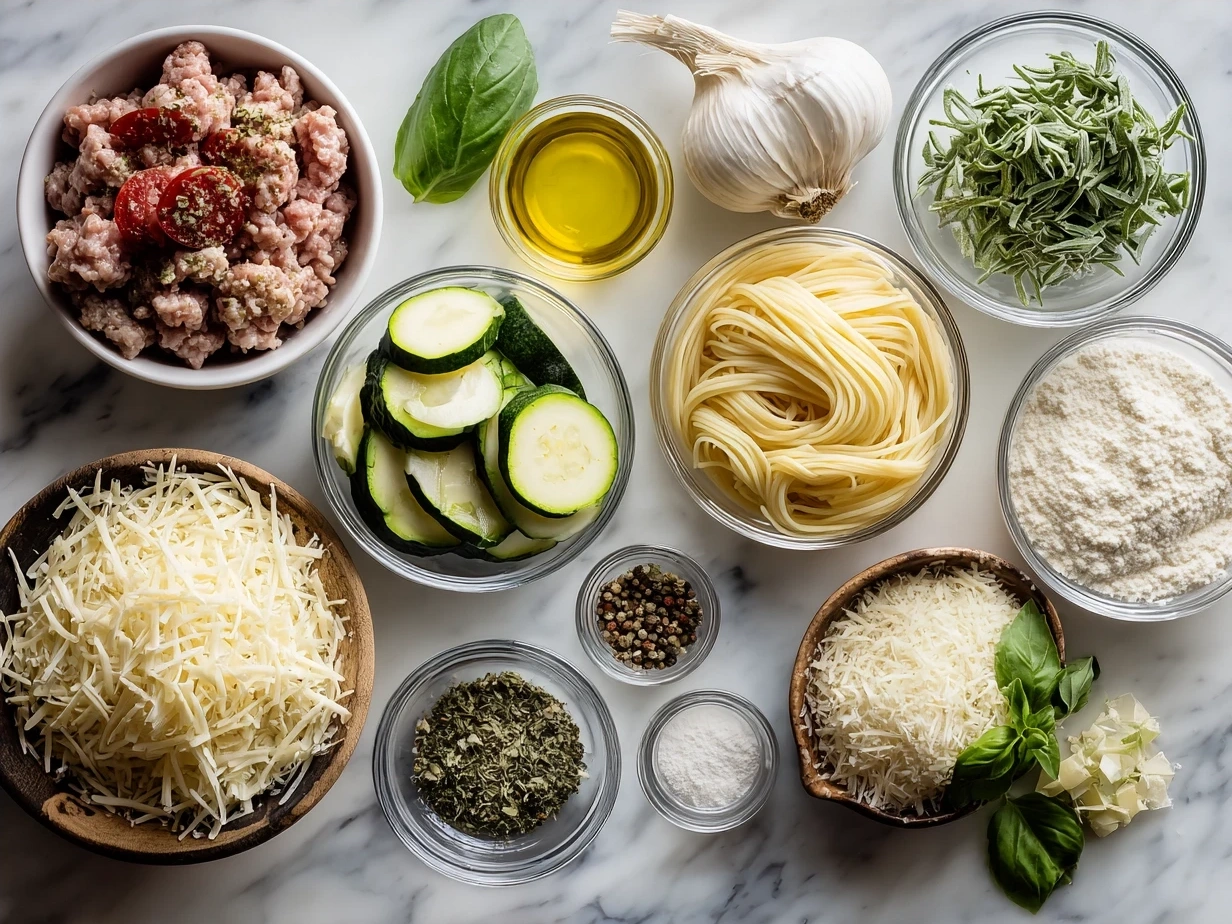 Ingredients for Sausage and Courgette Pasta including Italian sausage, courgettes, pasta, onion, garlic, cherry tomatoes, and spices