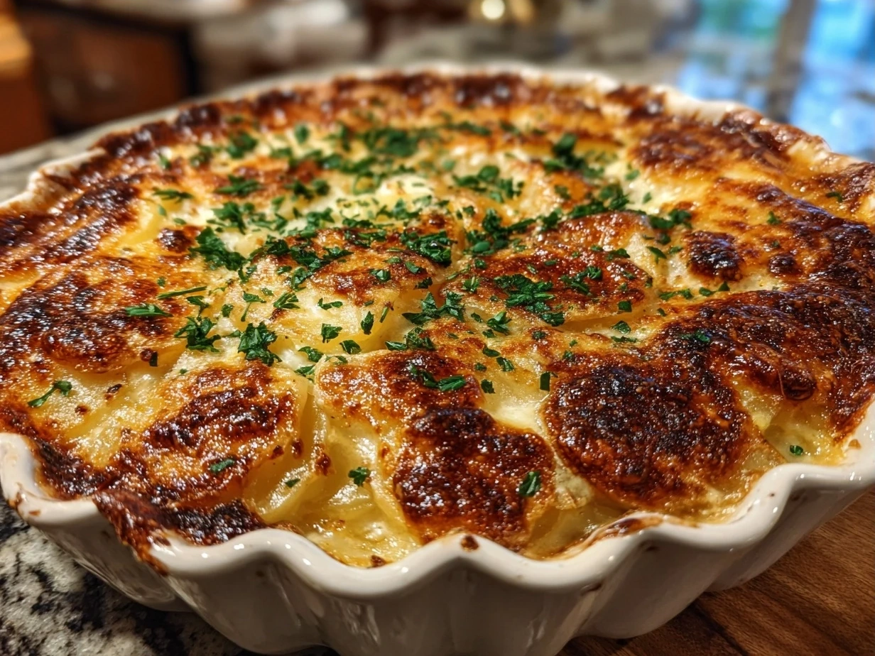 Final serving of scalloped potatoes in a rustic ceramic dish garnished with thyme