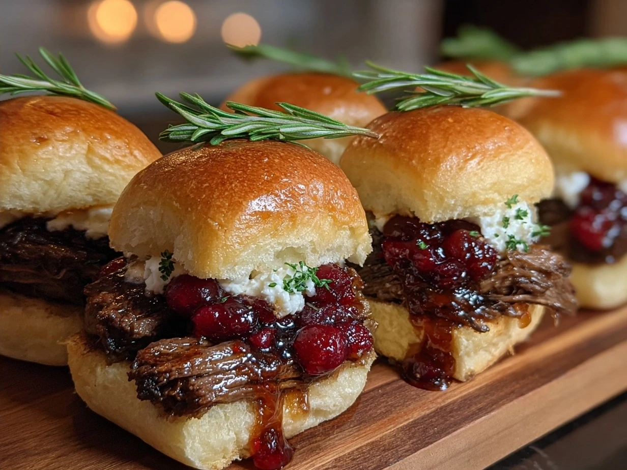 Serving of Short Rib Sliders with Balsamic Cranberry Sauce on a rustic platter