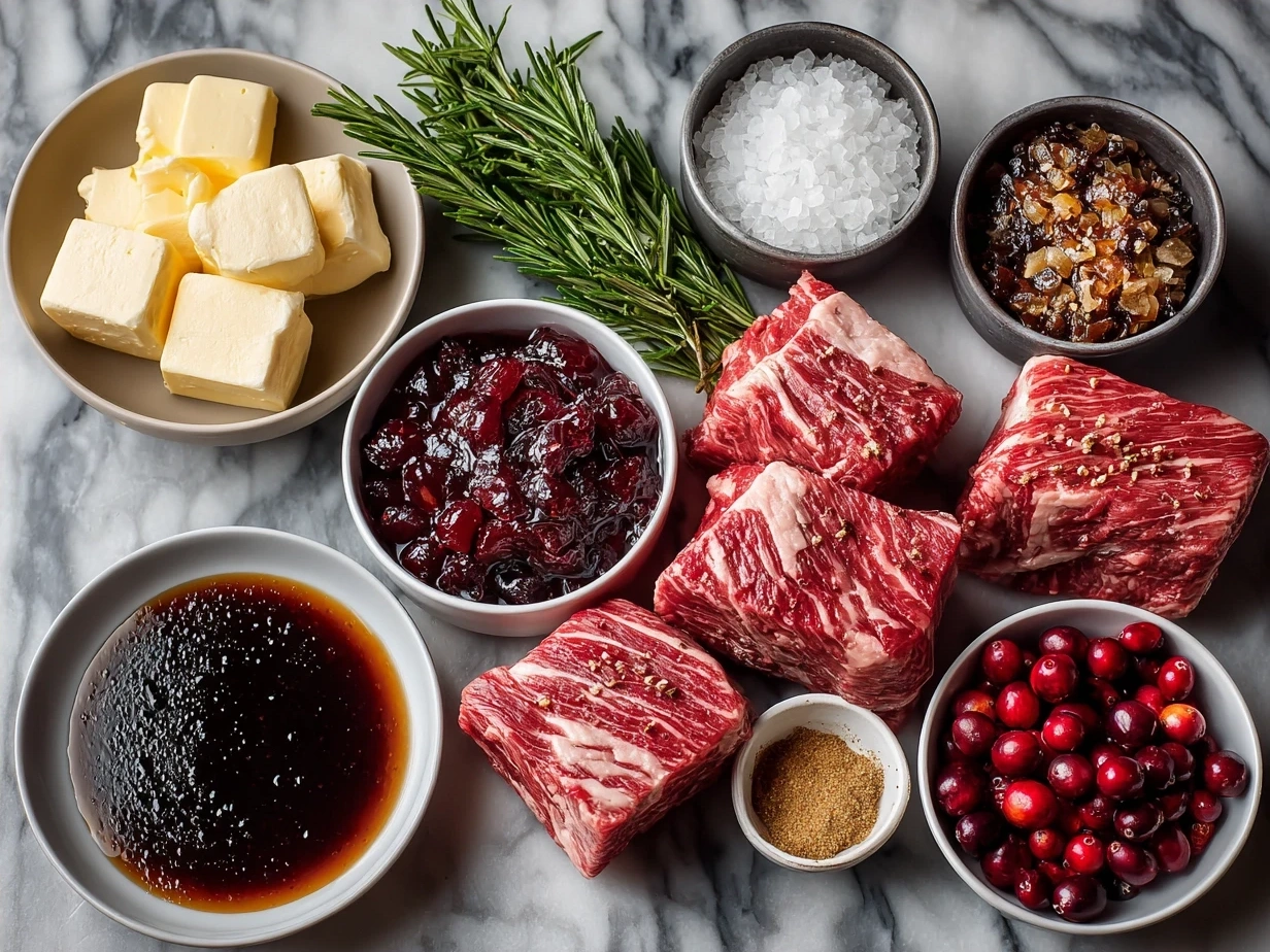 Ingredients laid out for Short Rib Sliders with Balsamic Cranberry Sauce