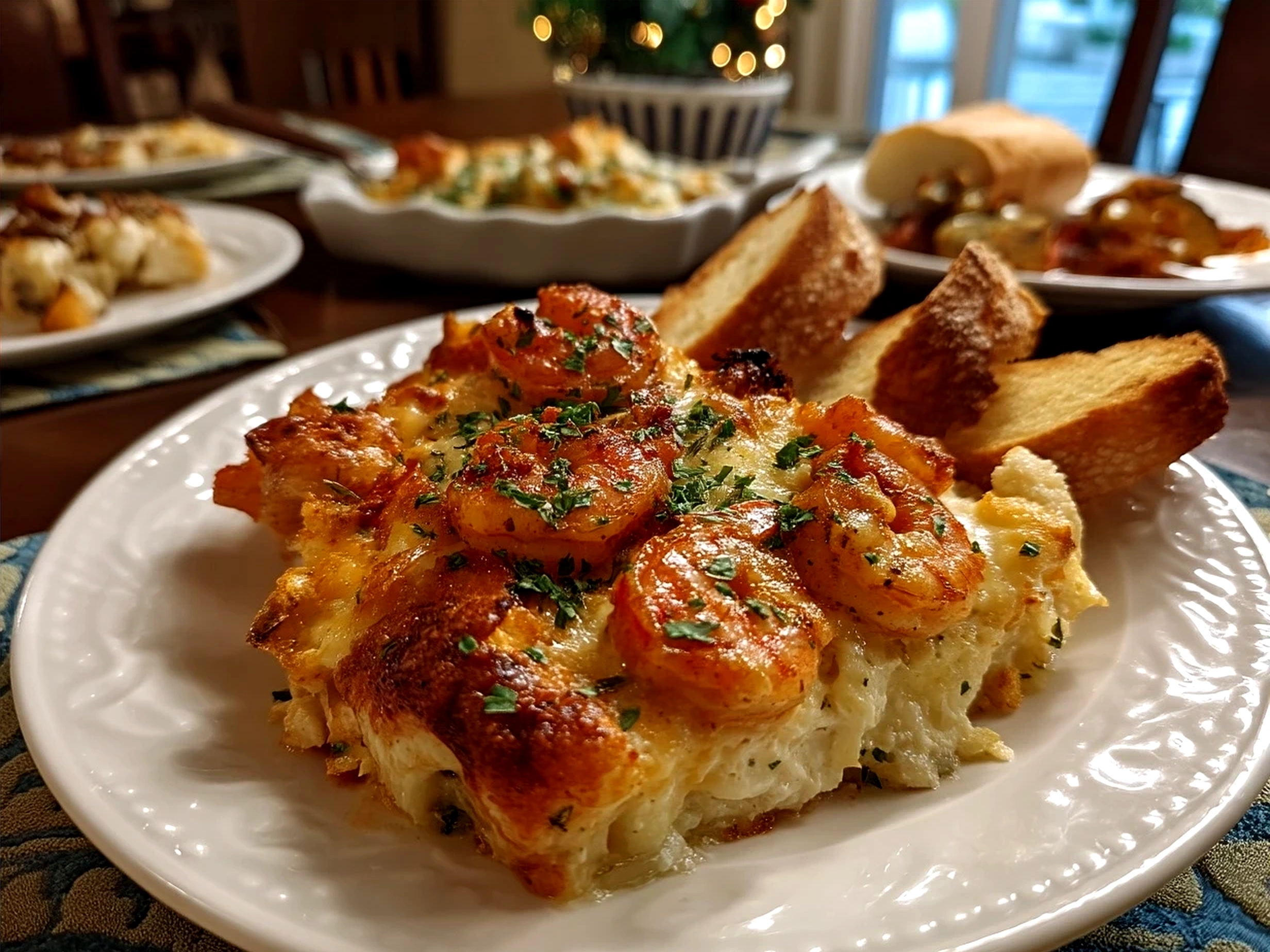 Creamy, cheesy baked shrimp casserole served with fresh parsley garnish
