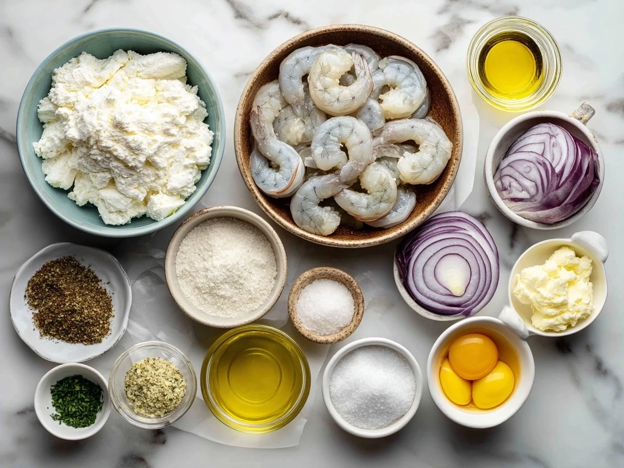 Ingredients for shrimp casserole arranged on a kitchen counter including shrimp, cheddar cheese, sour cream, onion, mushrooms, and spices