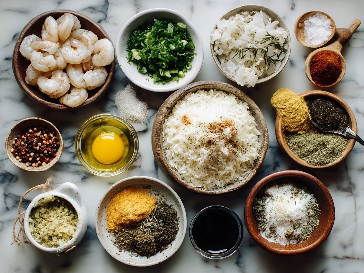 Ingredients for Shrimp Dirty Rice including shrimp, rice, vegetables, and spices