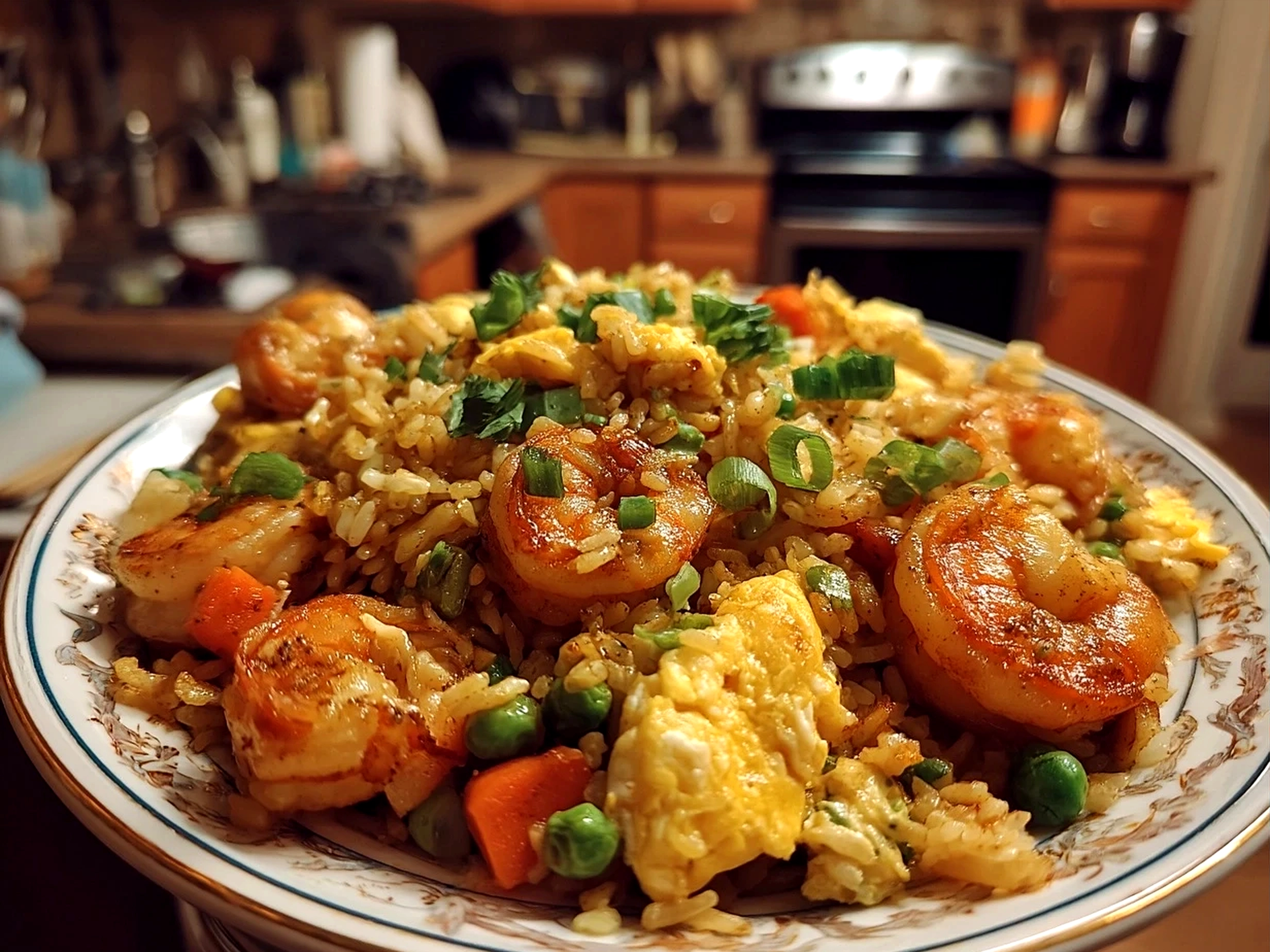 Close-up of Shrimp Fried Rice served on a plate with lime wedges