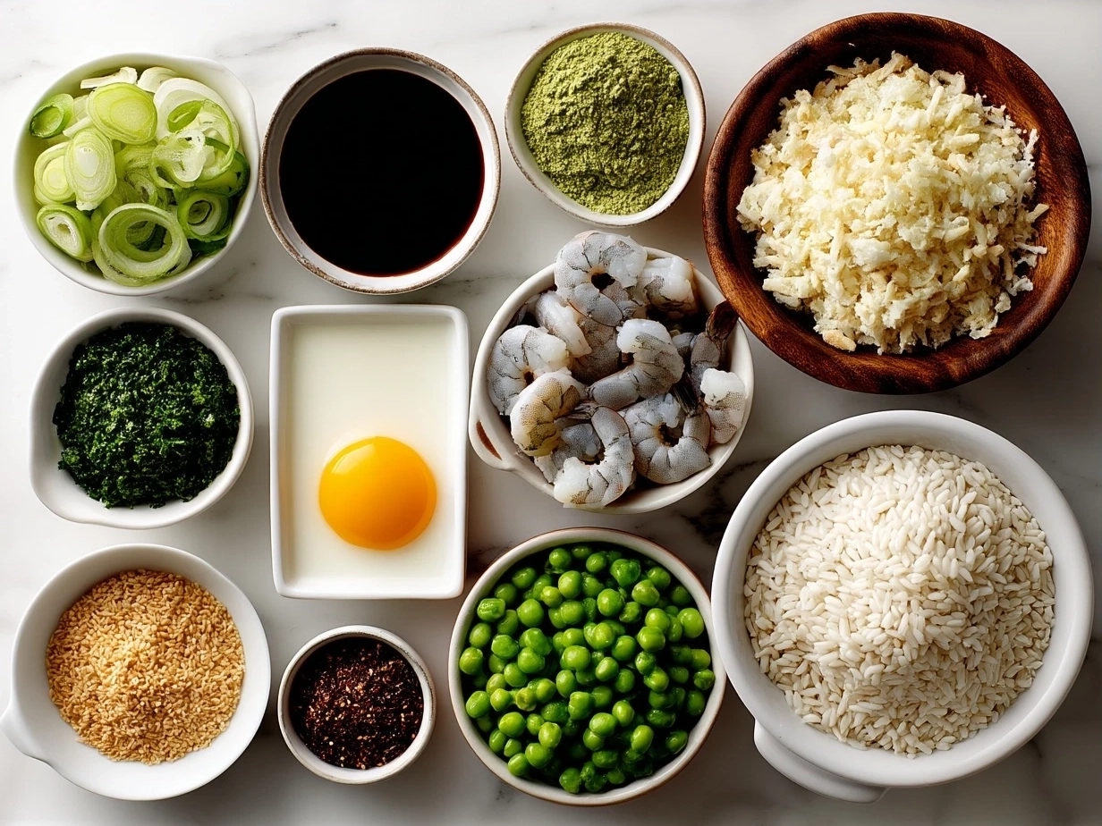 Ingredients for Shrimp Fried Rice arranged on a kitchen counter