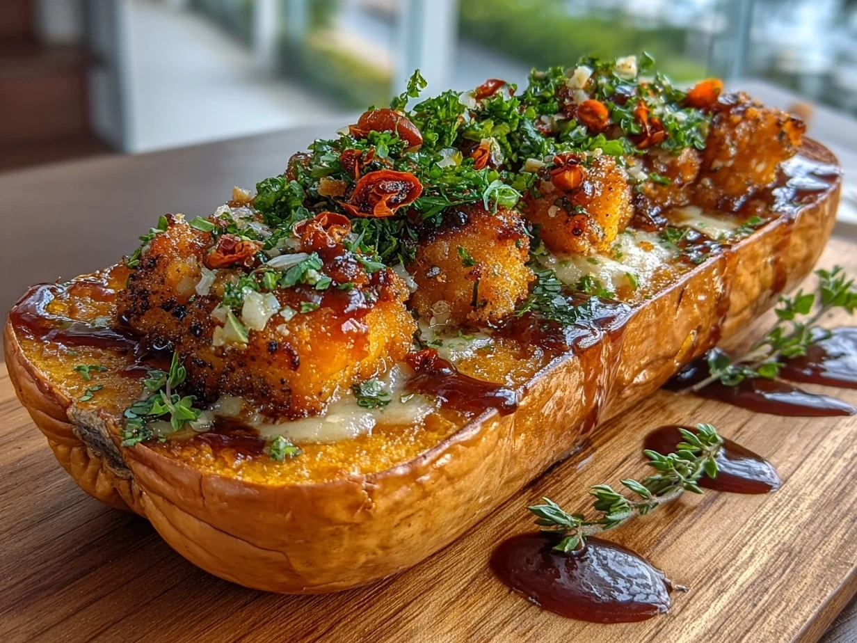 Finished Simanim Stuffed Butternut Squash garnished with fresh parsley