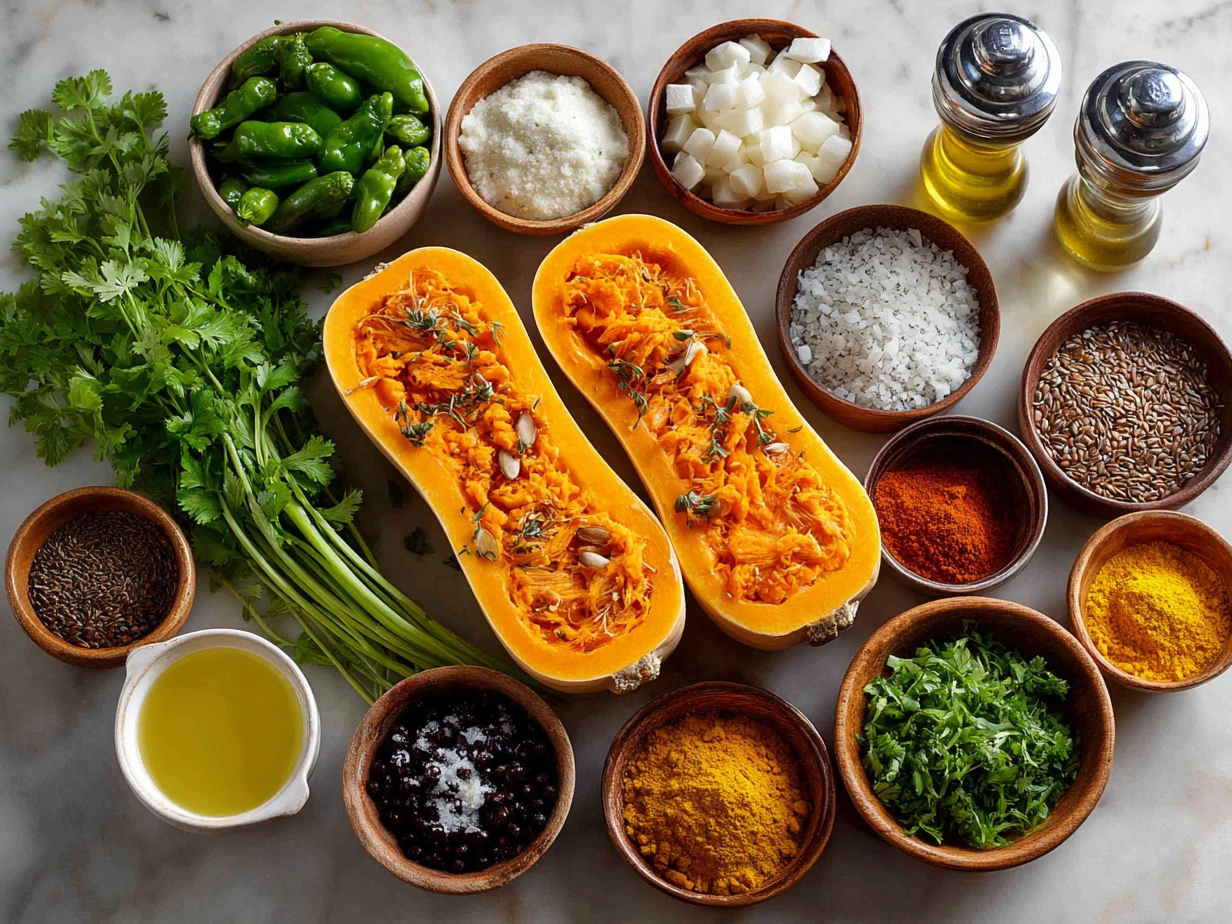 Ingredients for Simanim Stuffed Butternut Squash laid out on a wooden surface