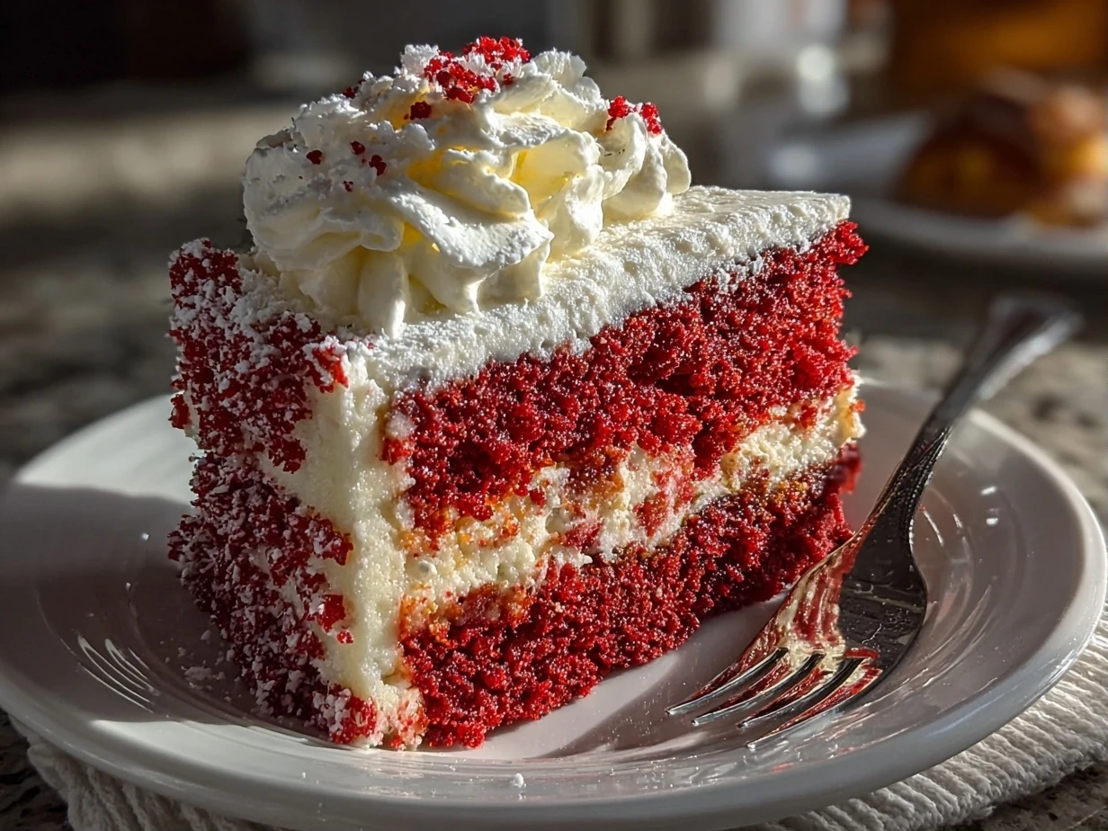 Slice of Red Velvet Cake with Cream Cheese Frosting