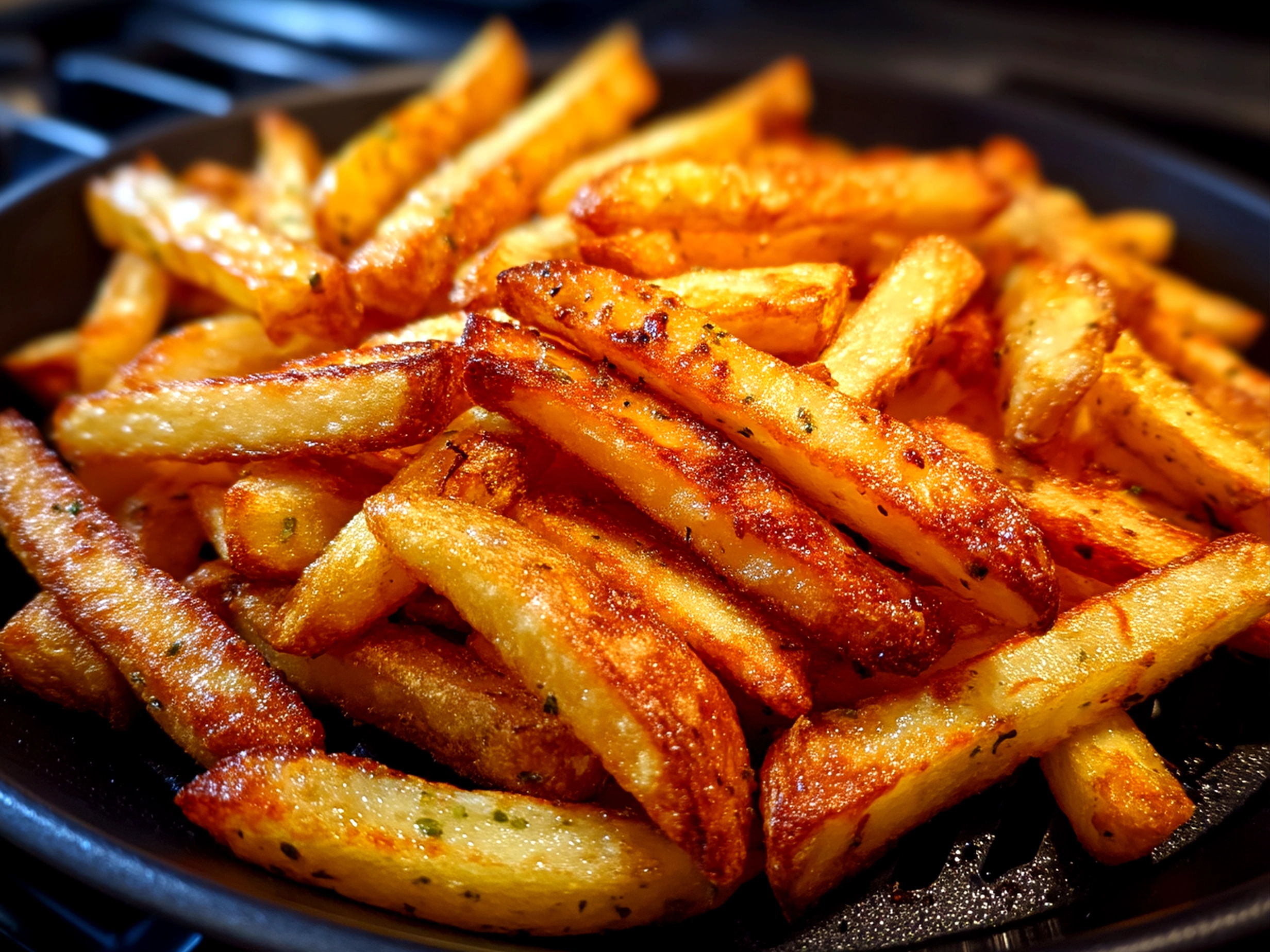 Slight angle close up of finished crispy air fryer fries served