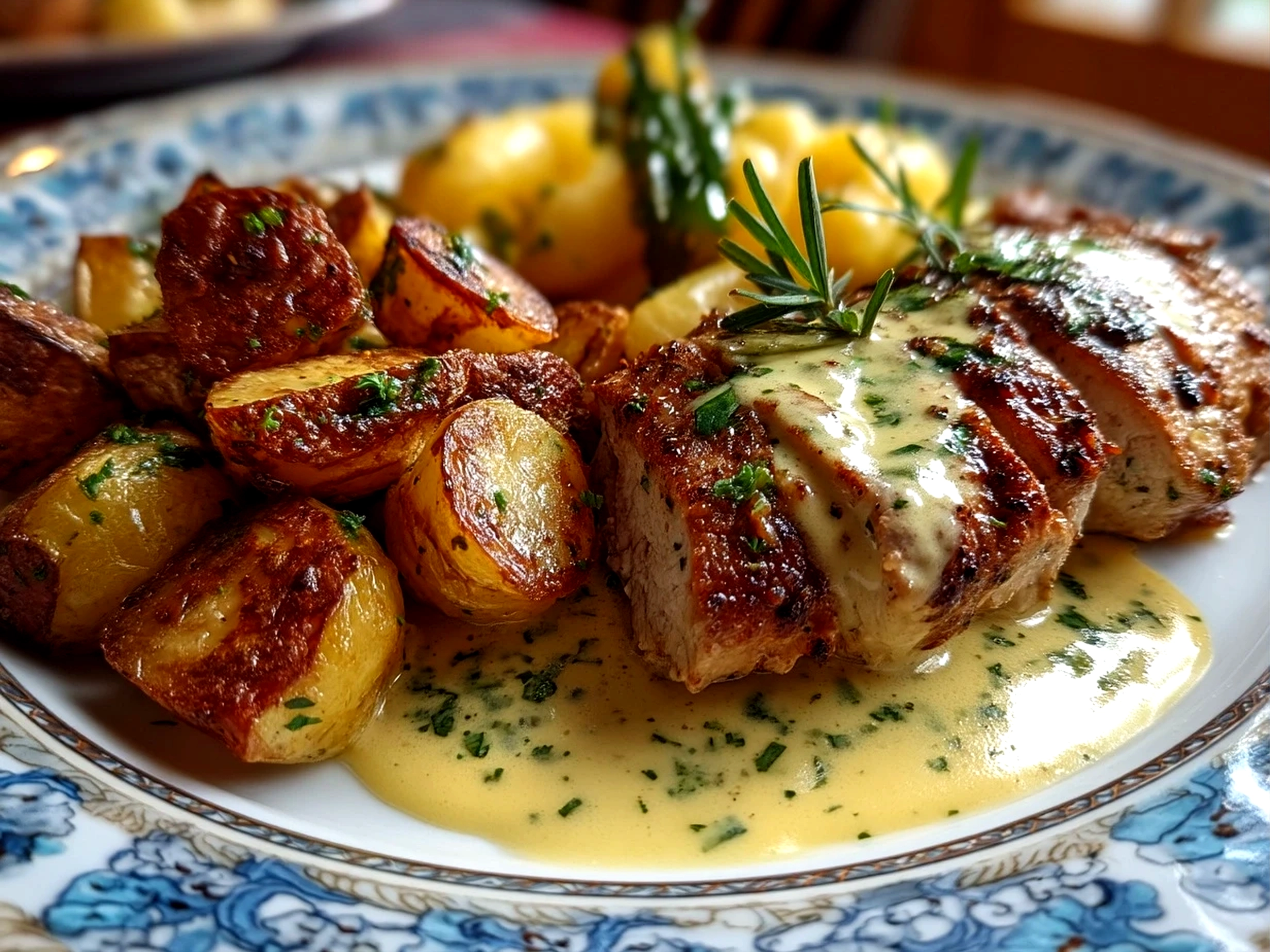 Finished Chicken and Potatoes Dijon Sauce plated with crispy skin and creamy sauce