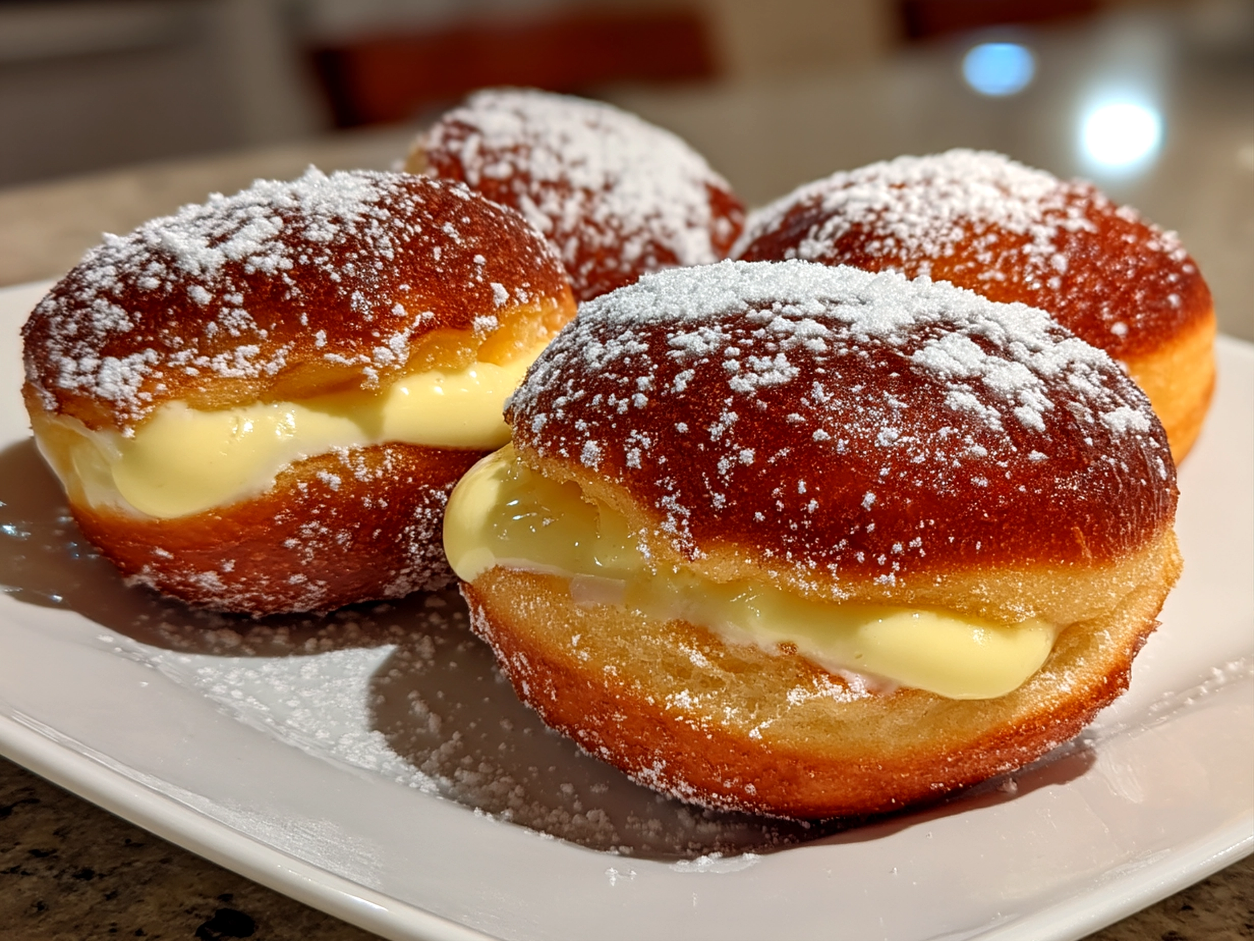 Slight angle close up of finished comforting Bomboloni alla Crema with powdered sugar