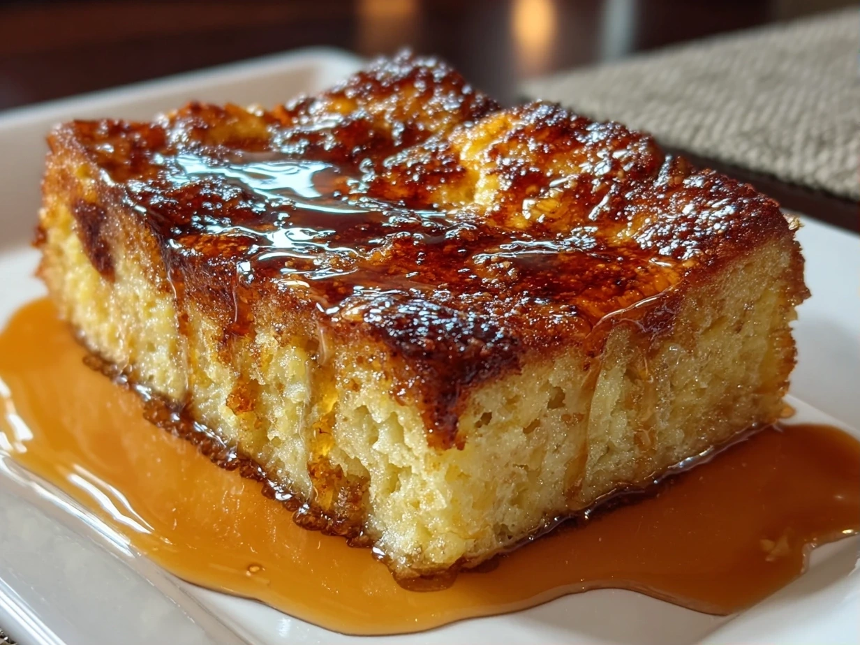 Slight angle close-up of finished French Toast Bake showing golden crust and custardy texture.