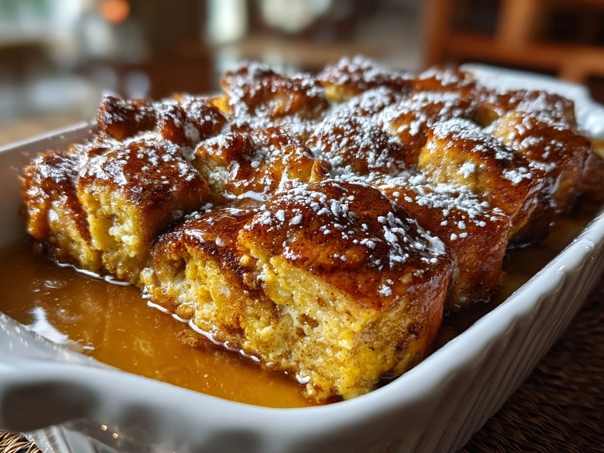 Slight angle close-up of finished Pumpkin Spice French Toast Casserole with golden crust
