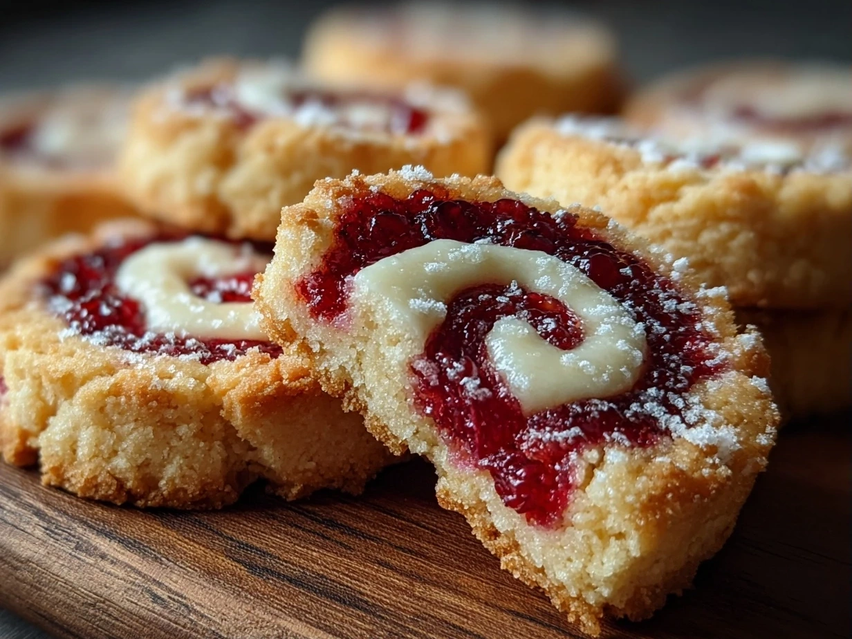 Slight angle close-up of finished homemade raspberry swirl shortbread cookies showing the swirl pattern and golden edges
