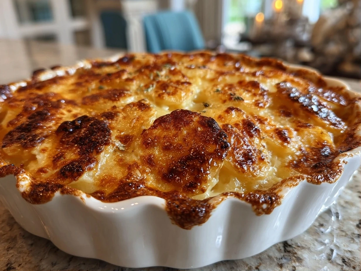 Slight angle close-up of finished scalloped potatoes with golden cheesy top and fresh thyme garnish