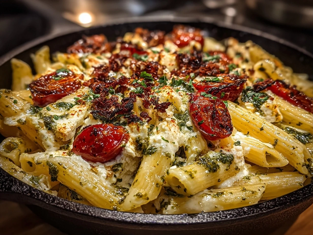 Slight angle close up of finished TikTok Baked Feta Pasta with Pesto