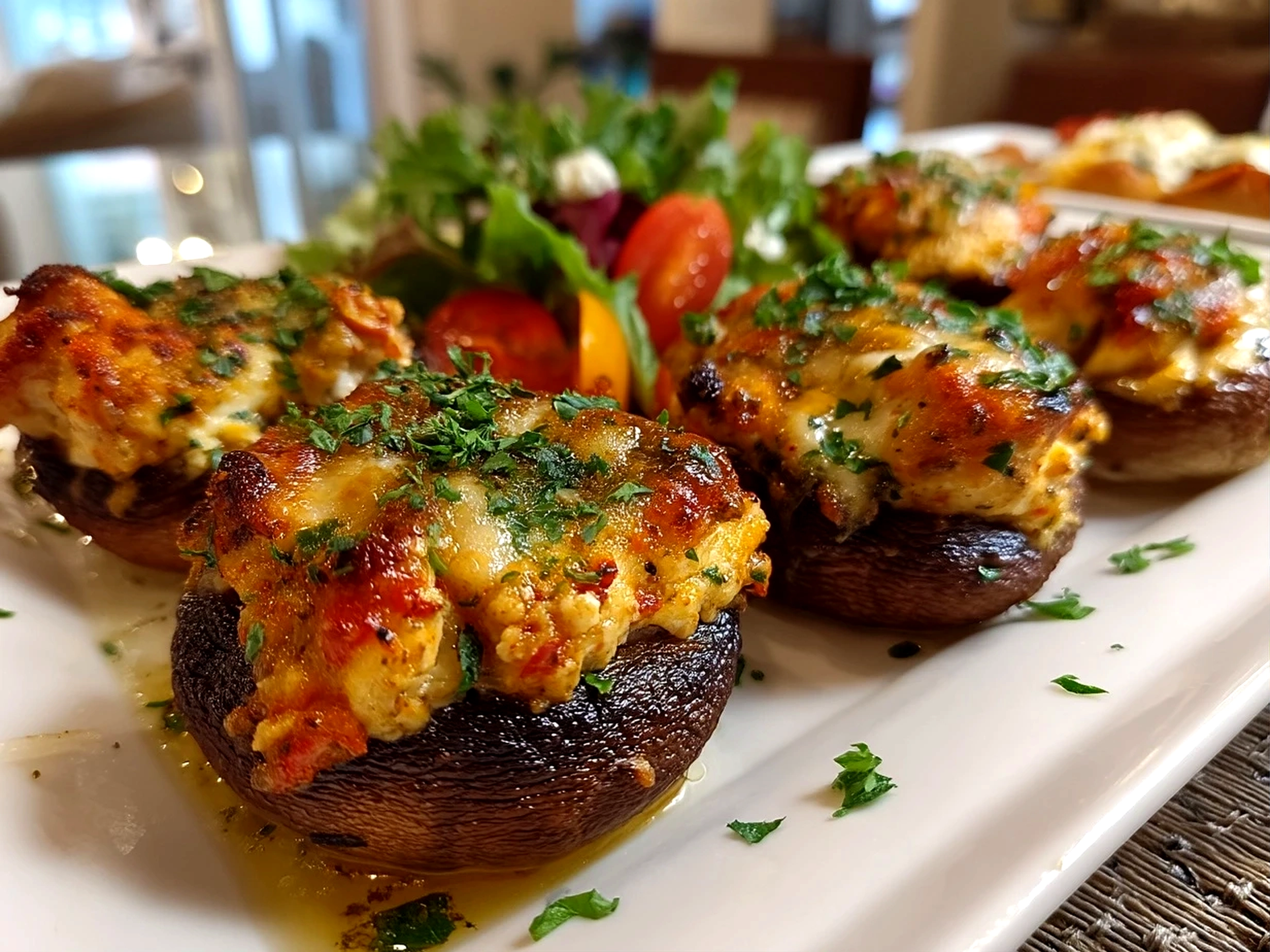 Slight angle close-up of finished baked stuffed mushrooms with golden cheese topping displayed on a wooden platter