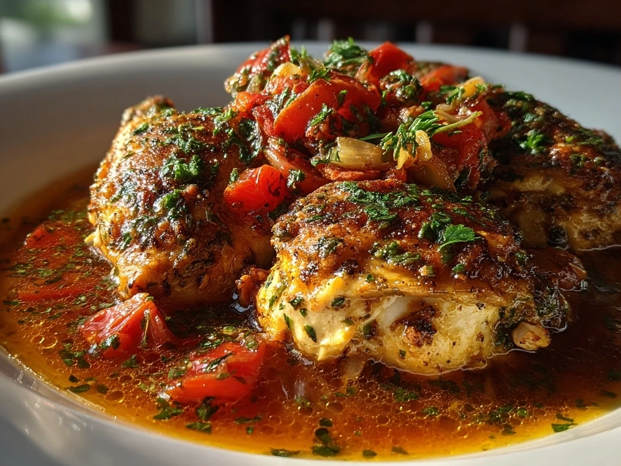 Final Slow Cooker Greek Chicken dish served on a plate with garnished herbs and olives