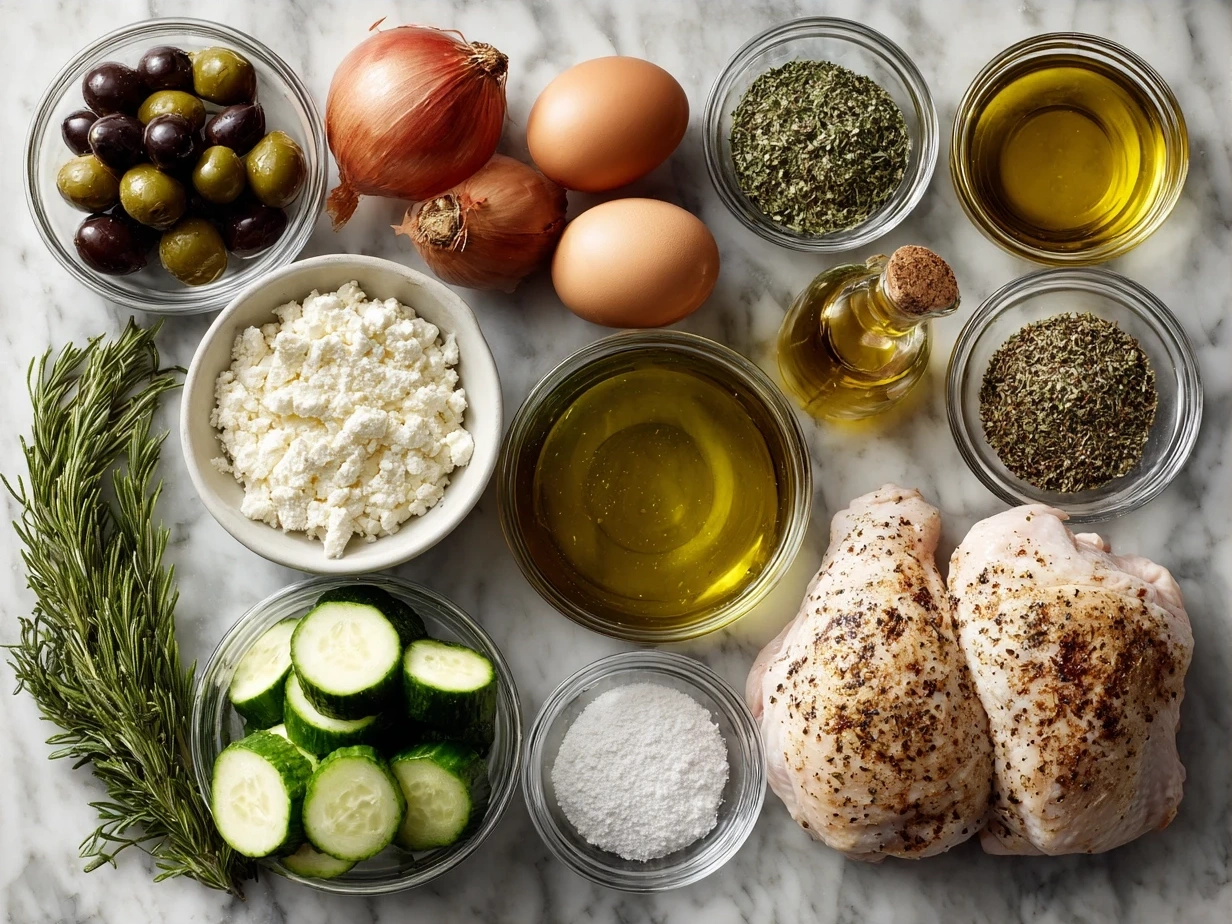 Ingredients for Slow Cooker Greek Chicken recipe laid out showing lemon, garlic, chicken thighs, and spices