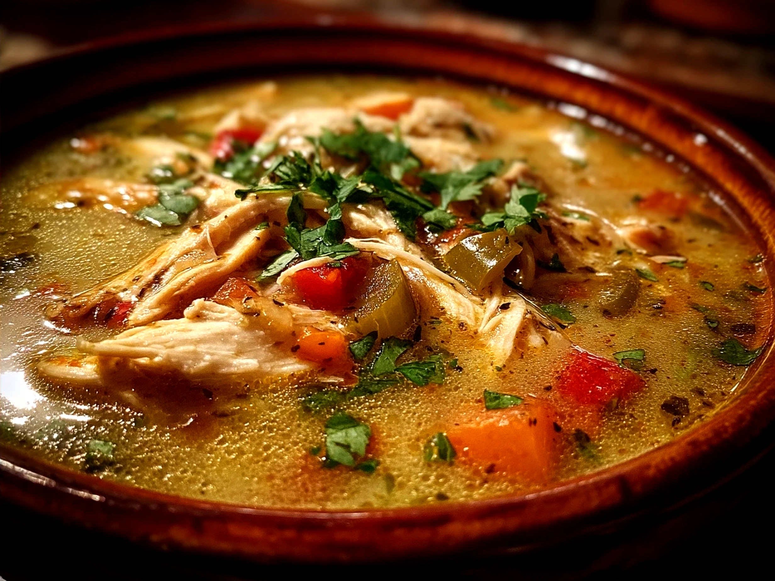 Serving Slow Cooker Green Enchilada Chicken Soup with garnishes
