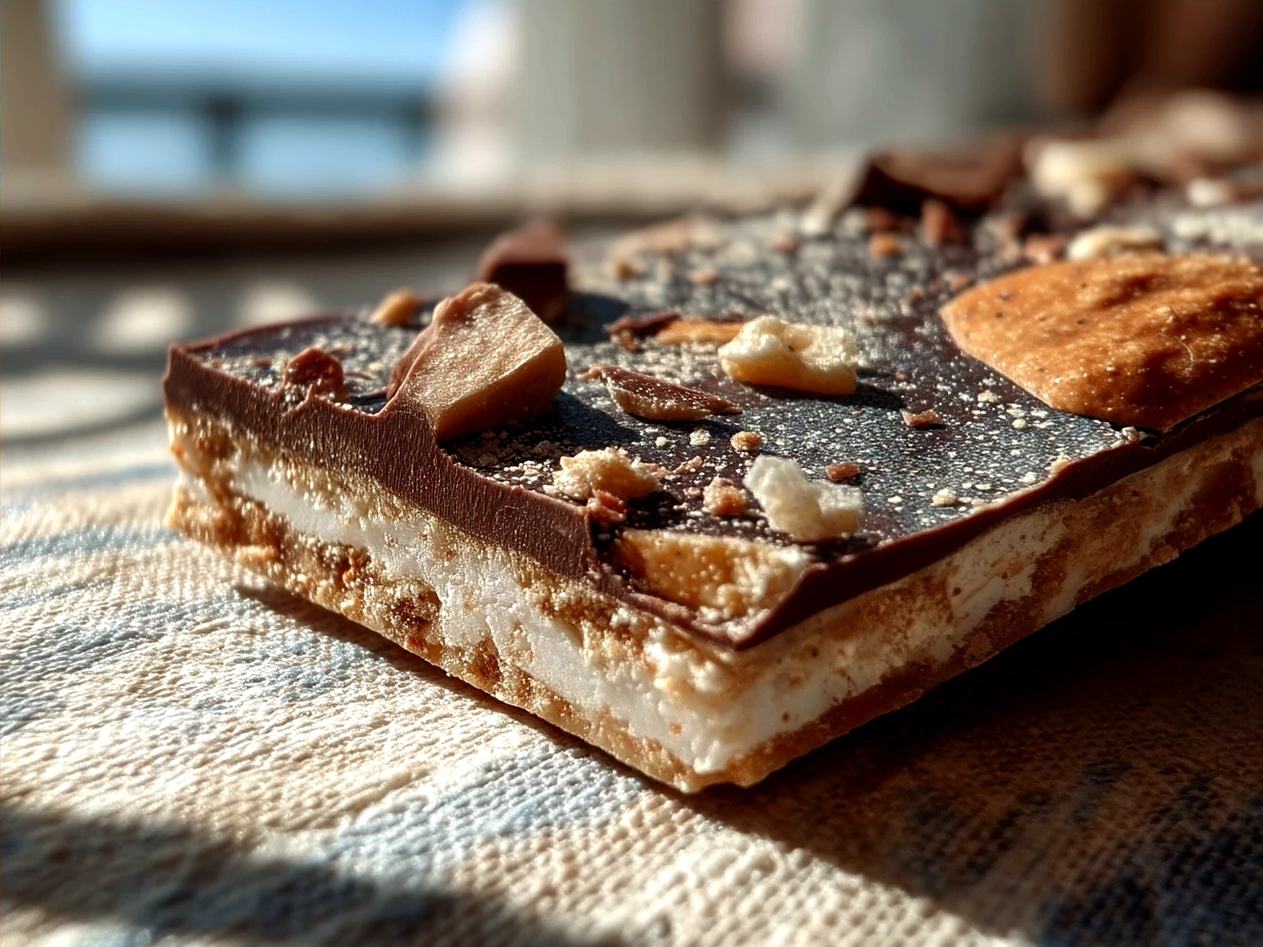 Serving plate of homemade Smores Bark broken into rustic pieces on a wooden platter