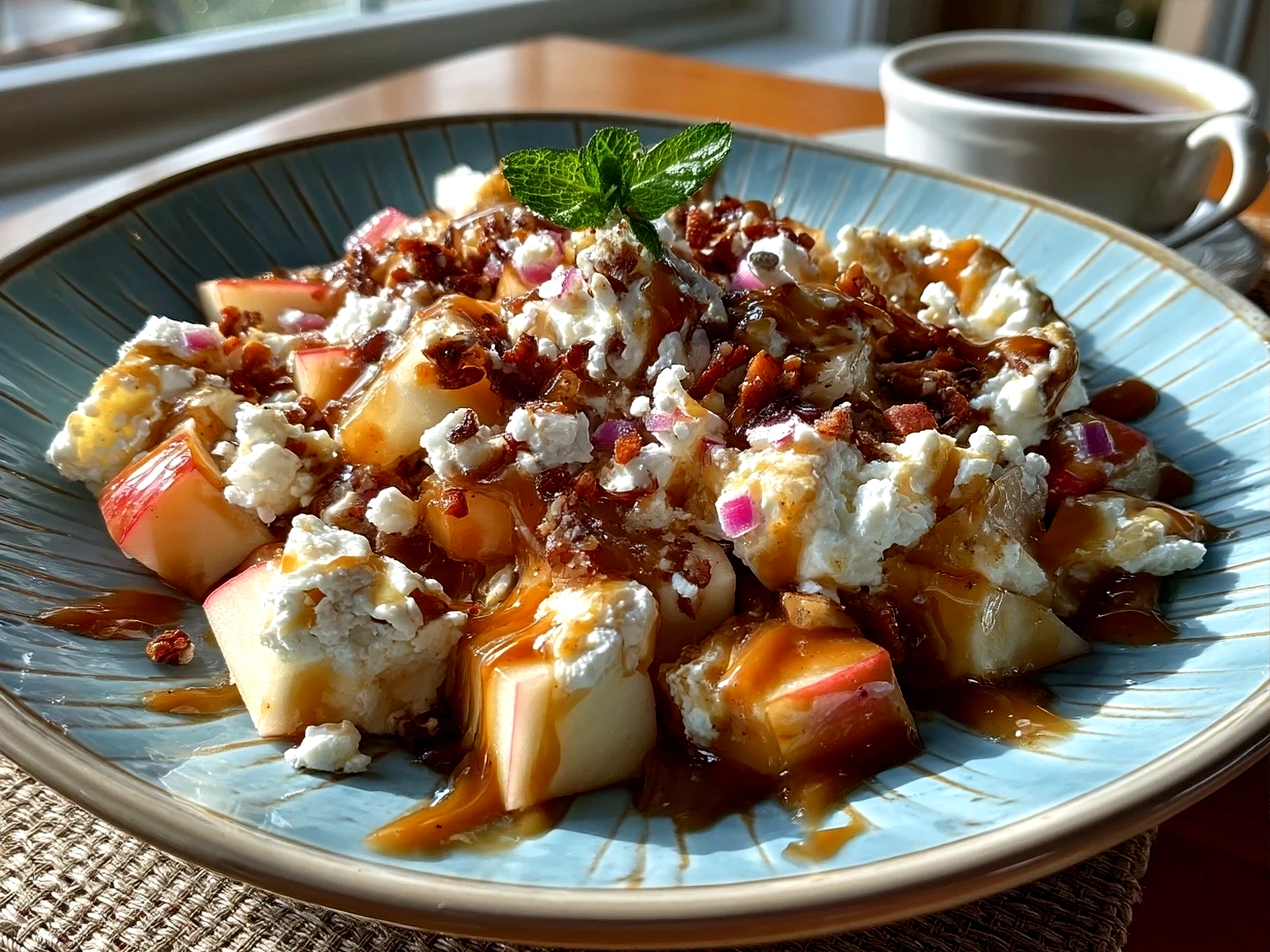 Snicker Apple Salad served in a glass bowl showing layers of apples, nuts, and Snickers
