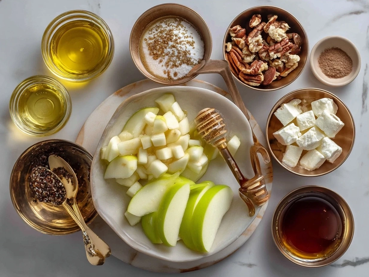 Ingredients for Snicker Apple Salad including apples, Snickers candy bars, peanut butter, nuts, marshmallows, Greek yogurt, honey, cinnamon, and vanilla extract
