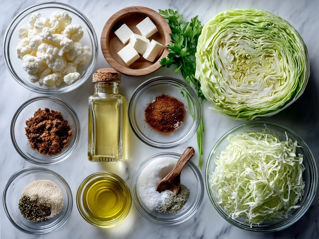 Ingredients for Southern Fried Cabbage including cabbage, bacon, onion, garlic, and spices