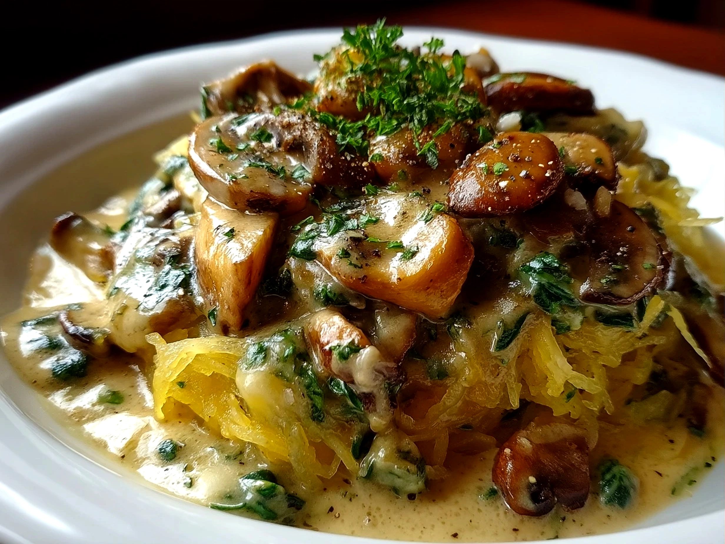 Finished Spaghetti Squash with Mushroom and Spinach Cream Sauce served