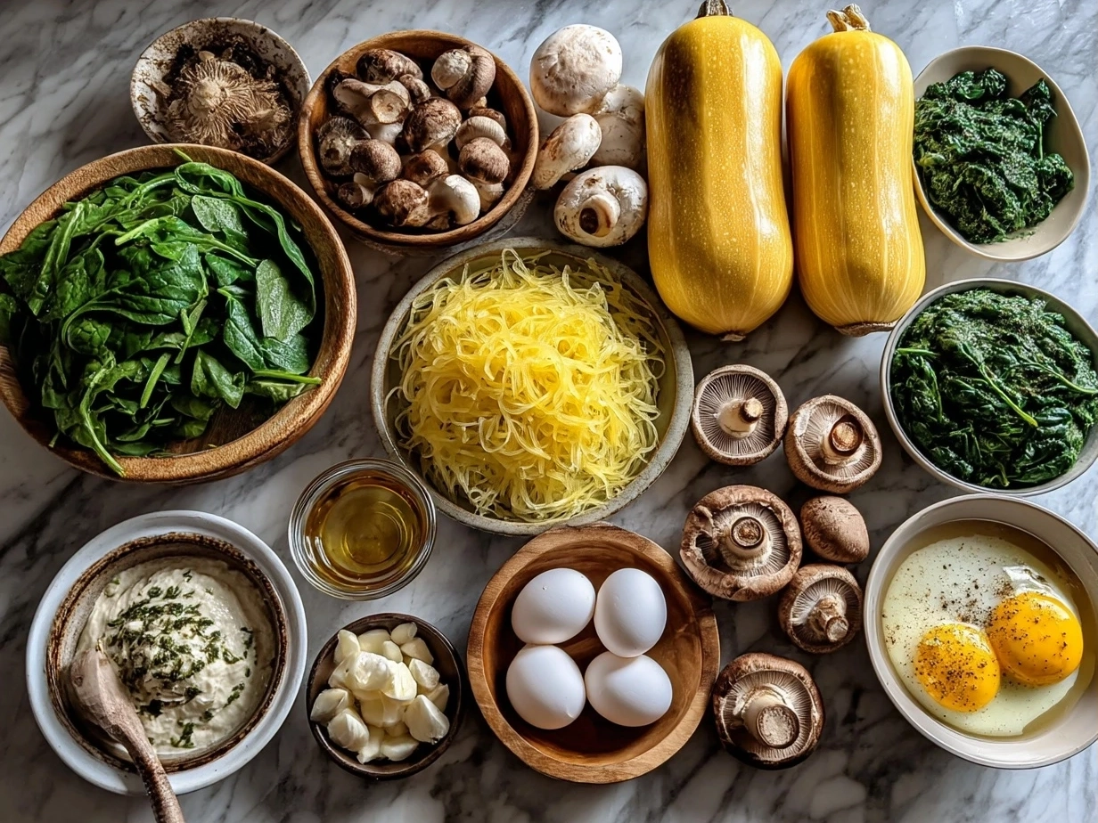 Ingredients for Spaghetti Squash with Mushroom and Spinach Cream Sauce