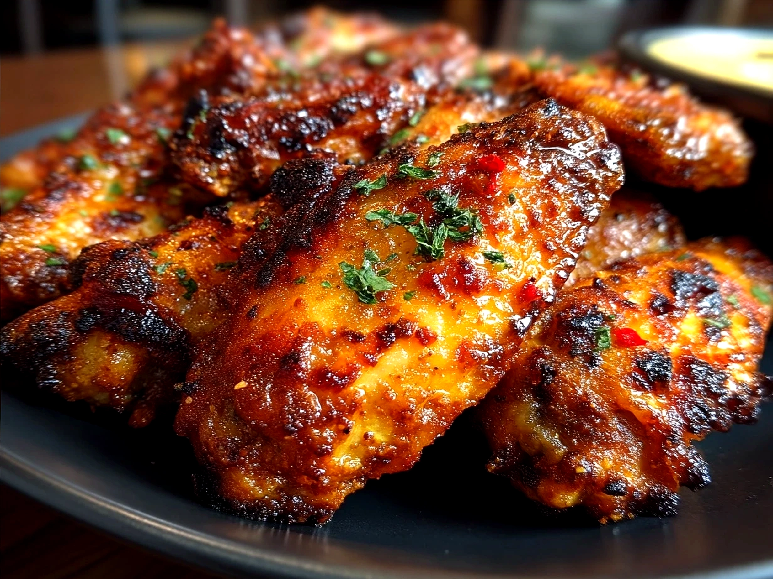 Plated Spicy Dry Rub Wings served with lime wedges and herbs