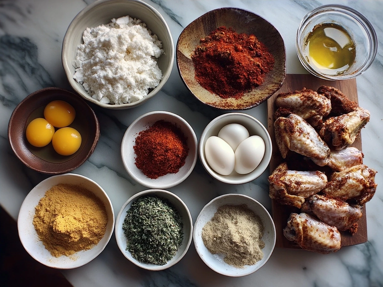 Ingredients for Spicy Dry Rub Wings including spices and chicken wings