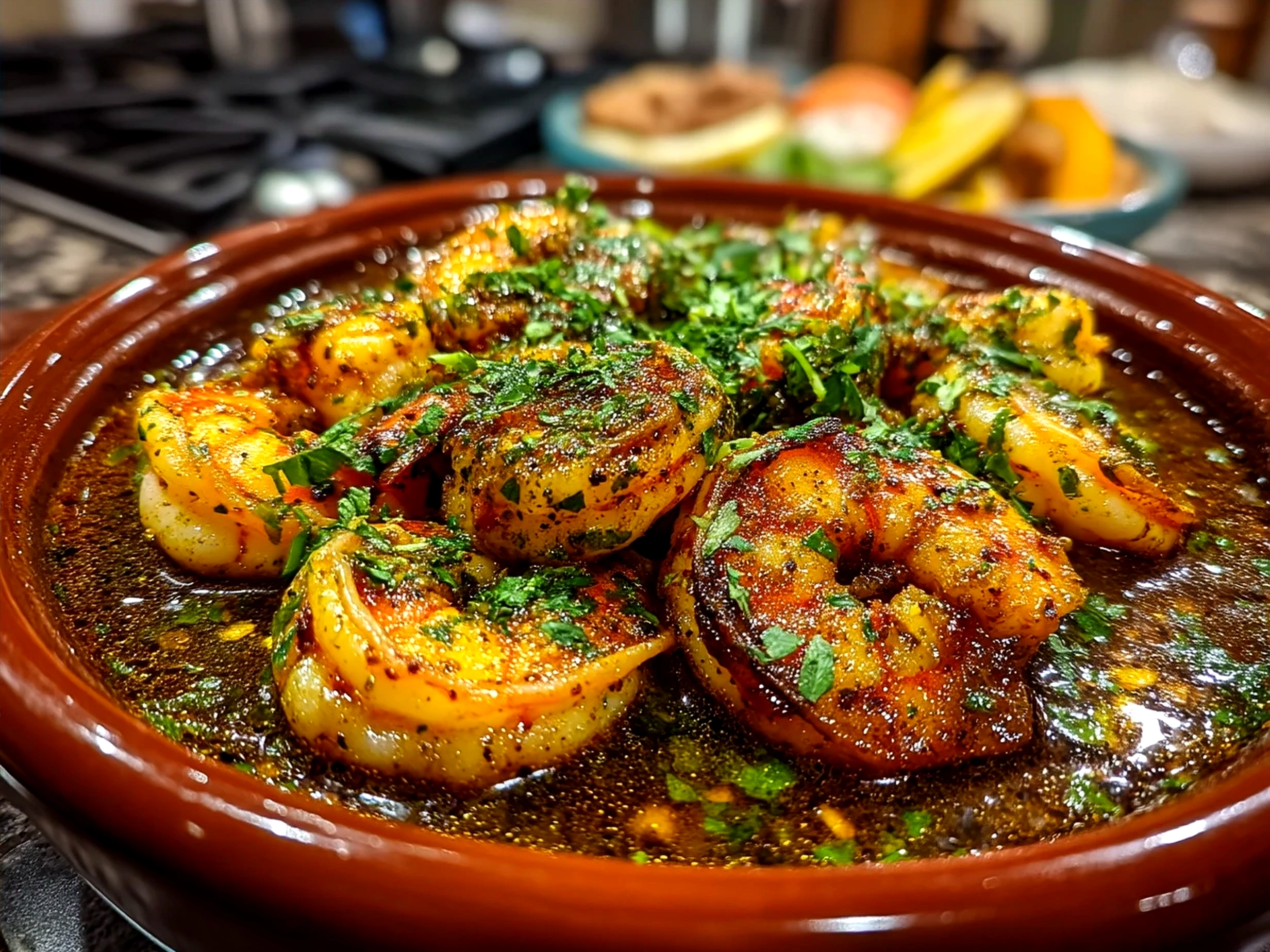 Serving of Spicy Moroccan Shrimp Tagine with couscous and fresh herbs