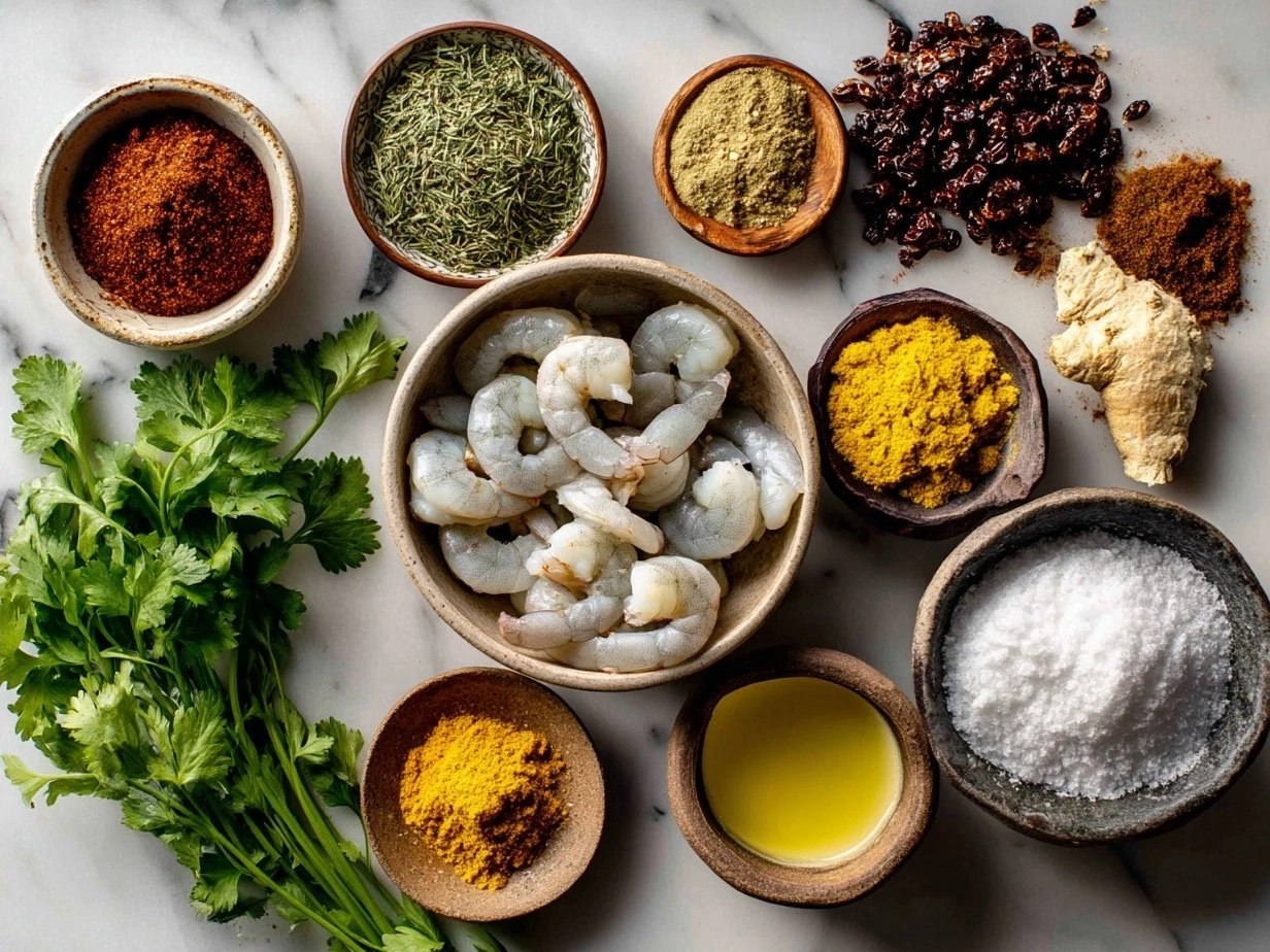 Ingredients for Spicy Moroccan Shrimp Tagine, including fresh shrimp, spices, and fresh herbs