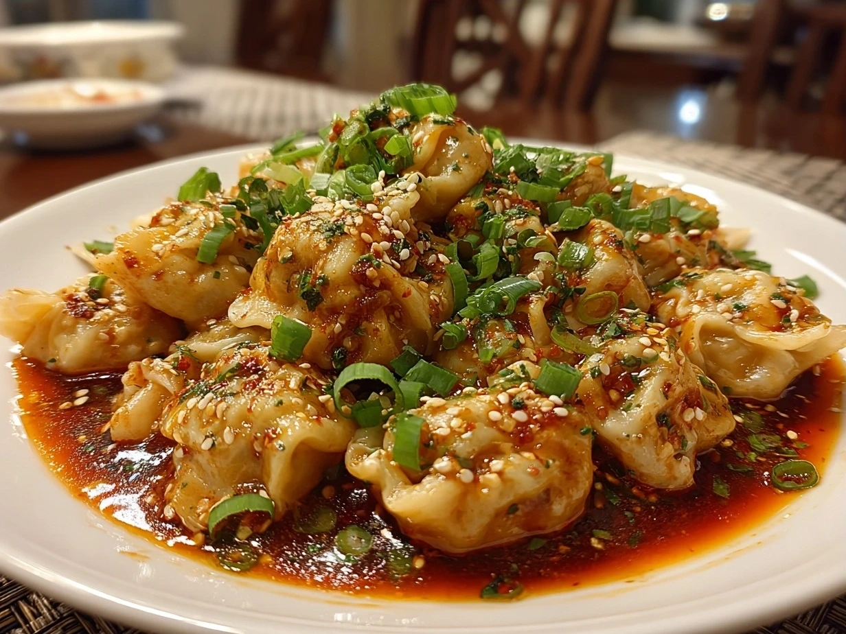 Finished Spicy Wontons in Chilli Sauce garnished with green onions and chili oil ready to serve