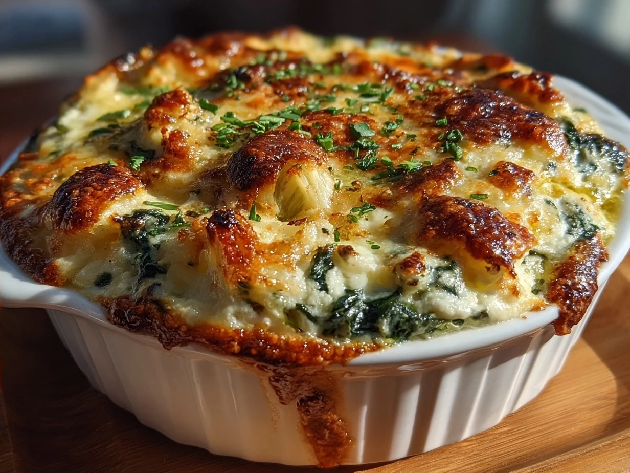 Baked hot spinach artichoke dip ready to serve in a baking dish