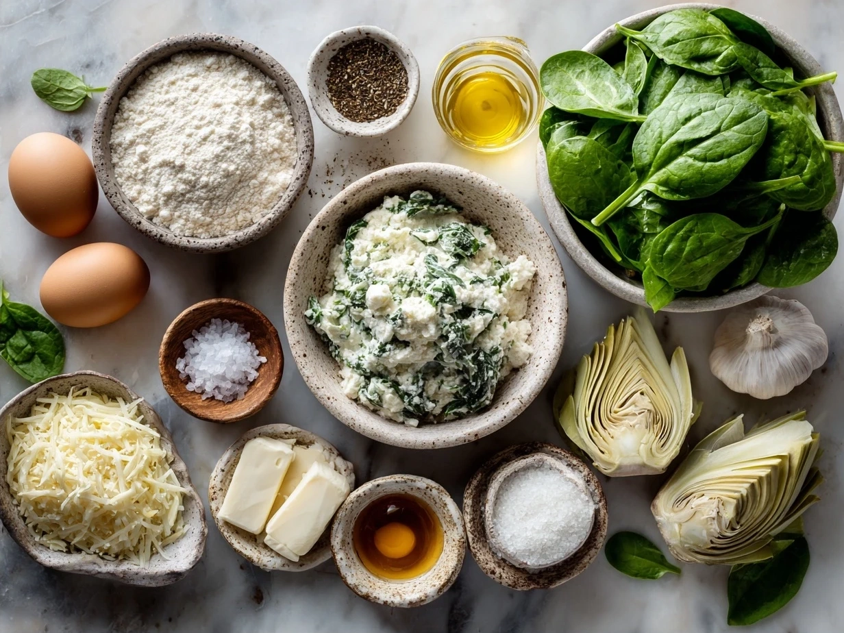 Ingredients for spinach artichoke dip laid out: spinach, artichokes, cream cheese, shredded mozzarella, Parmesan cheese, garlic, sour cream, mayonnaise