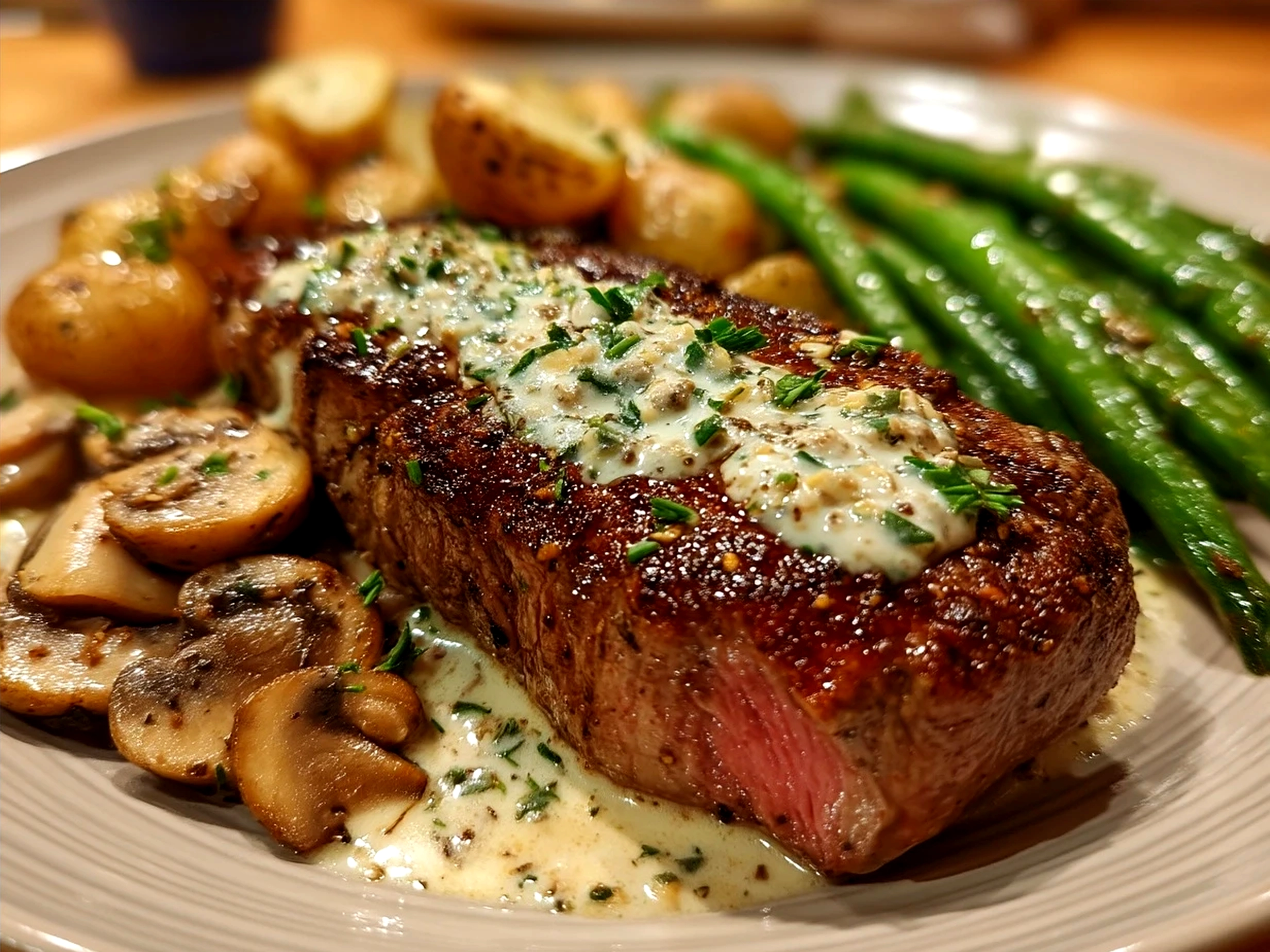 Plated Steak with Garlic Cream Sauce garnished with parsley served with sides