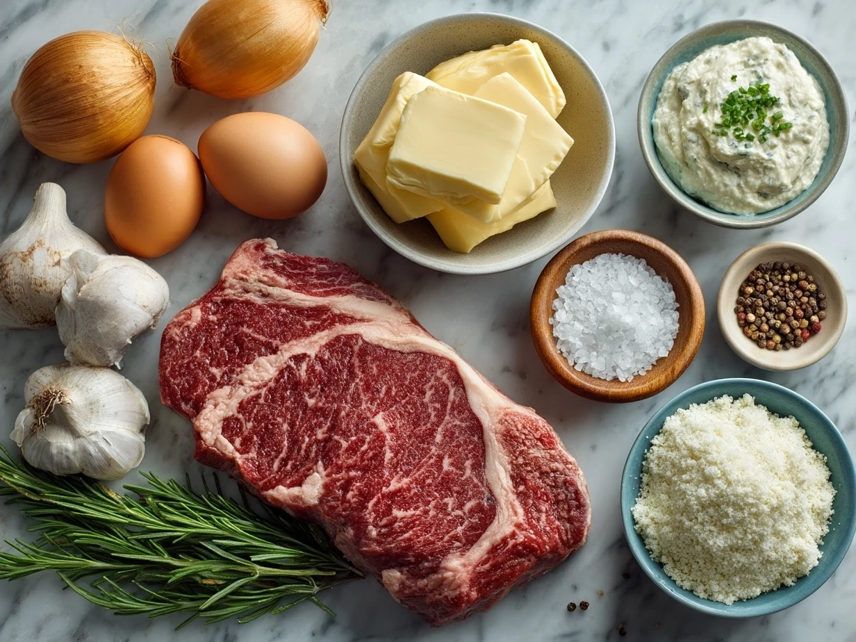 Ingredients for Steak with Garlic Cream Sauce laid out including ribeye steaks, garlic cloves, butter, cream and parsley